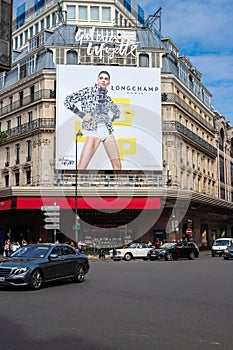 PARIS, FRANCE - MAY 25, 2019: Lafayette Galeries in Paris on Boulevard Haussmann. Galeries Lafayette is the most popular shopping