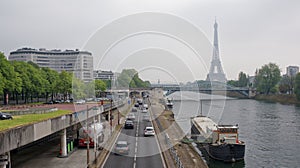 View at Eifel tower and railway bridge Rouelle crossing Swan Isl