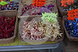 PARIS, FRANCE - November 02, 2023: Keychains in the form of the Eiffel Tower.