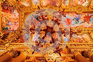 Paris, France - November 14, 2019: Ceiling of the Opera National de Paris Garnier large foyer. Place for walk during the