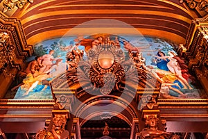 Paris, France - November 14, 2019: Interior details of the Opera National de Paris Garnier large foyer. Place for walk