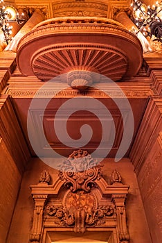 Paris, France - November 14, 2019: Interior details of the Opera National de Paris Garnier lobby of the main staircase