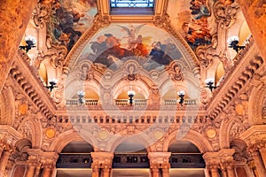 Paris, France - November 14, 2019: Interior of the Opera National de Paris Garnier lobby of the main staircase