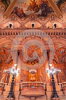 Paris, France - November 14, 2019: Interior of the Opera National de Paris Garnier lobby of the main staircase