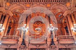 Paris, France - November 14, 2019: Interior of the Opera National de Paris Garnier lobby of the main staircase