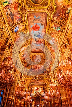 Paris, France - November 14, 2019: Interior view of the Opera National de Paris Garnier large foyer. Place for walk