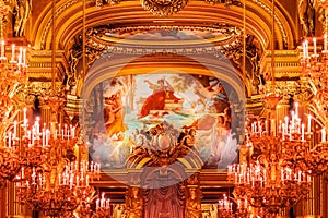 Paris, France - November 14, 2019: Interior view of the Opera National de Paris Garnier large foyer. Place for walk