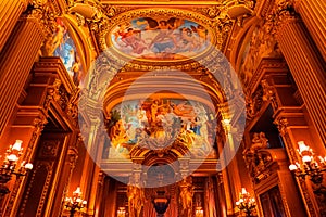 Paris, France - November 14, 2019: Interior view of the Opera National de Paris Garnier large foyer. Place for walk