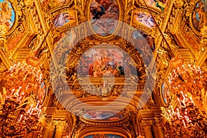 Paris, France - November 14, 2019: Interior view of the Opera National de Paris Garnier large foyer. Place for walk