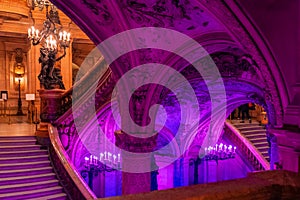 Paris, France - November 14, 2019: Interior view of the Opera National de Paris Garnier large foyer. Under the main