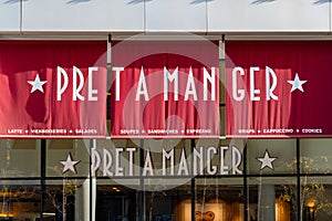 Sign and logo of a Pret A Manger sandwich restaurant, Paris, France