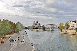 View of the Notre Dame de Paris cathedral on the Ile de la Cite on the River Seine in the center of