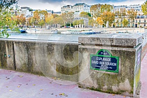 Esplanade Ben Gourion along the Seine in Paris, France