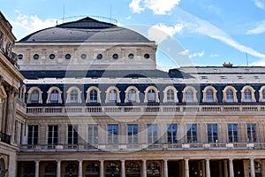 Paris, France. Palais Royal Royal Palace close to the Louvre. Columns, windows, handrails and details.