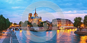 Paris France panorama night at Notre Dame de Paris Cathedral