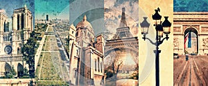 Paris France, panoramic photo collage vintage style, Paris landmarks travel tourism concept