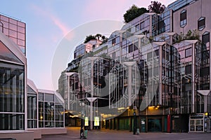 Paris, France - Passage des LingÃÂ¨res at dusk in Les Halles quarter. Modern apartment exterior. Steel and glass building design.