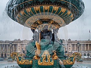 Paris, France, Place de la Concorde fountain detail, a cloudy day at winter time