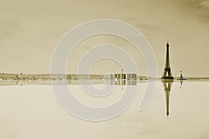 Paris, France with reflection, in sepia toning
