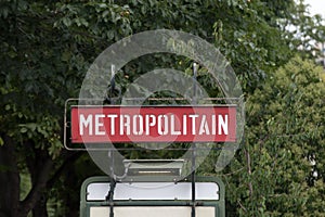 Paris, France - retro metro station sign. Subway train entrance