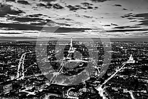 Paris, France romantic skyline, panorama. Eiffel Tower, black and white