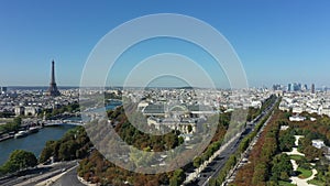 Paris France with Seine River Eiffel Tower Grand Palais aerial