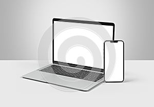 PARIS - France - September 1, 2023: Newly released Apple Macbook Air and Iphone 14, Silver color. Side view. 3d rendering laptop