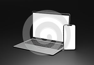 PARIS - France - September 1, 2023: Newly released Apple Macbook Air and Iphone 14, Silver color. Side view. 3d rendering laptop