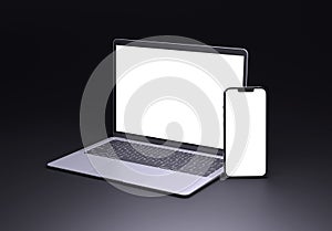 PARIS - France - September 1, 2023: Newly released Apple Macbook Air and Iphone 14, Silver color. Side view. 3d rendering laptop