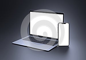 PARIS - France - September 1, 2023: Newly released Apple Macbook Air and Iphone 14, Silver color. Side view. 3d rendering laptop