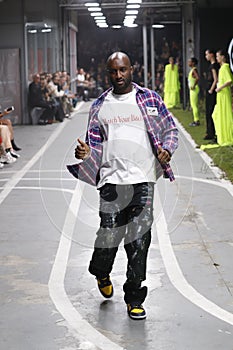 Fashion designer Virgil Abloh and models walk the runway during the Off-White show as part of Paris Fashion Week