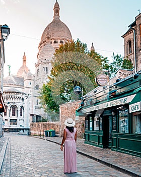 Paris France September 2018, Streets of Montmartre in the early morning with cafes and restaurants, colorful street view