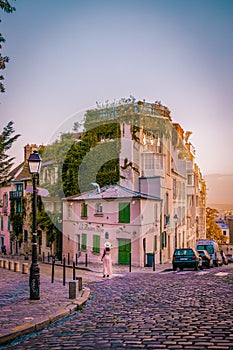 Paris France September 2018, Streets of Montmartre in the early morning with cafes and restaurants, colorful street view