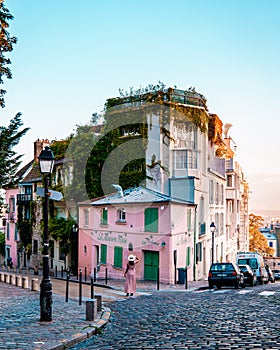 Paris France September 2018, Streets of Montmartre in the early morning with cafes and restaurants, colorful street view