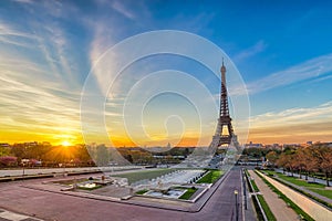 Paris France sunrise city skyline at Eiffel Tower