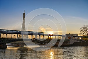 Paris France sunrise at Eiffel Tower and Seine River