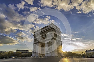 Paris France, sunset at Arc de Triomphe and Champs Elysees