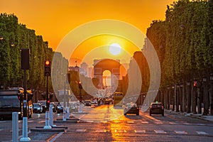 Paris France, sunset at Arc de Triomphe and Champs Elysees