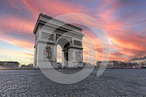 Paris France sunset city skyline at Arc de Triomphe and Champs Elysees