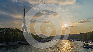 Paris, France - Timelapse - Sunny Day in Paris Eiffel Tower Seine River and Boats Cruises Trees and Clouds