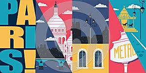 Paris, France vector banner, illustration. City skyline, historical buildings in modern flat design