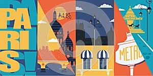 Paris, France vector skyline illustration, postcard. Travel to France modern flat graphic design