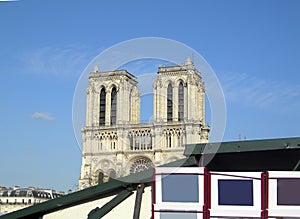 Paris France view of Notre Dame from left bank River Seine kiosk