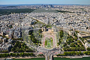 Paris, France view at Trocadero Gardens from Eiffel Tower at sunny day