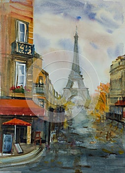 Paris France watercolor art painting with Eifel Tower and Parisian cafe