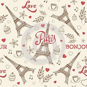 Paris hand drawn seamless pattern with Eiffel tower
