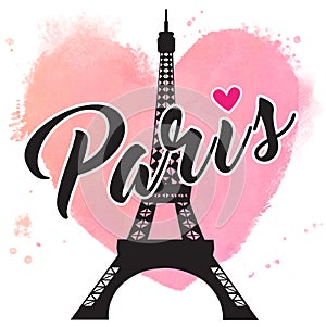 Paris hand drawn vector lettering and Eiffer Tower. Paris ink lettering.
