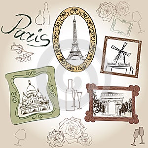 Paris illustration set. Love paris frame vintage collection. French cafe