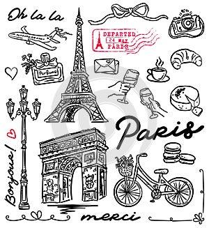Paris illustrations Set - whimsical hand-drawn style illustrations - symbols of Paris, vector collection