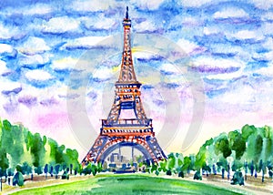 Paris landscape with the Eiffel Tower, watercolor painting